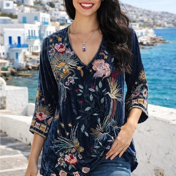 Johnny Was heavily embroidered Selah Velvet Kimono Sleeve Top In Jasper NWT RARE - Picture 8 of 16